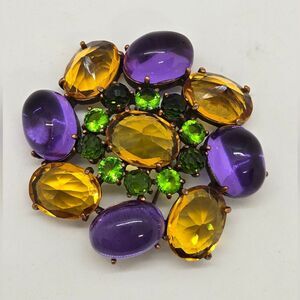 Vintage Signed JOAN RIVERS Purple Cabochon Inverted Yellow & Green Stones Brooch